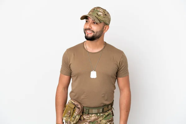Ung Arabisk Soldat Man Isolerad Vit Bakgrund Tänker Idé När — Stockfoto