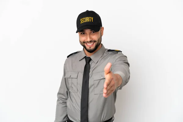 Jeune Homme Arabe Isolé Sur Fond Blanc Serrant Main Pour — Photo