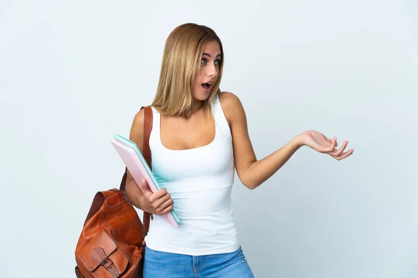 Jonge Student Vrouw Geïsoleerd Witte Achtergrond Met Verrassing Uitdrukking Terwijl — Stockfoto