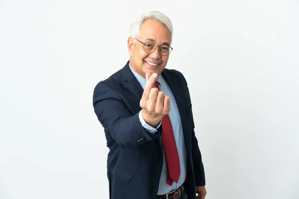 Homem Negócios Brasileiro Meia Idade Isolado Fundo Branco Fazendo Gesto — Fotografia de Stock