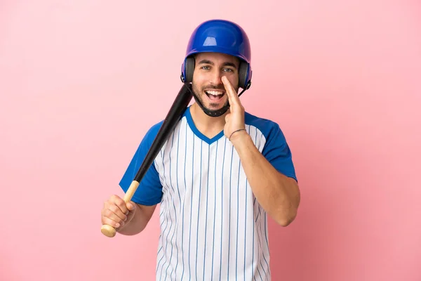 Baseball Player Helmet Bat Isolated Pink Background Shouting Mouth Wide — Stock Photo, Image
