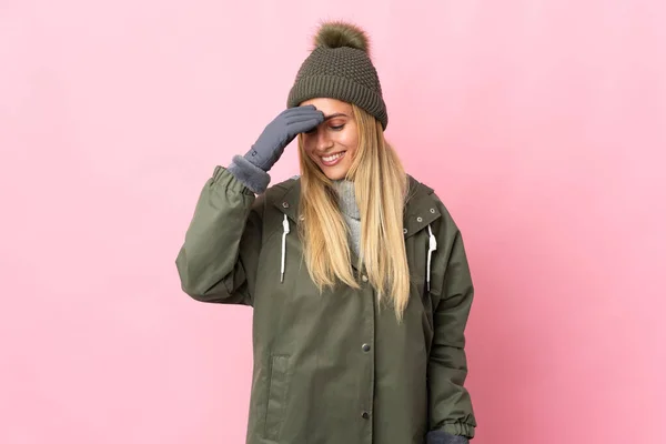 Young Woman Winter Hat Isolated Pink Background Laughing — Stock Photo, Image