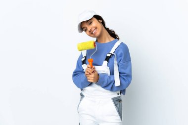 İzole edilmiş beyaz arka plan üzerindeki ressam kadın avuç içlerini bir arada tutar. İnsan bir şey ister.