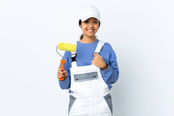 Mulher Pintor Sobre Fundo Branco Isolado Com Expressão Facial Surpresa — Fotografia de Stock