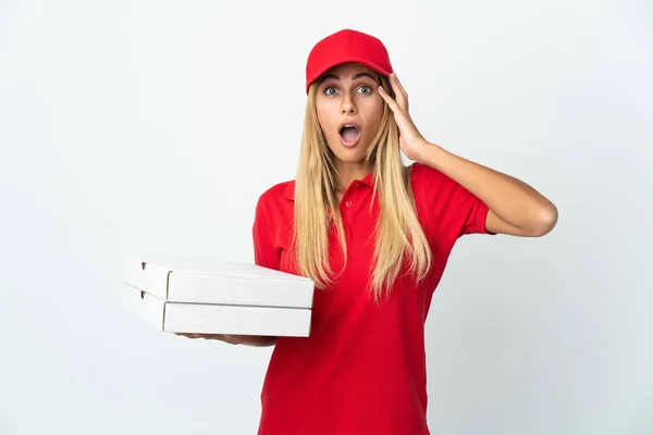 Livraison Pizza Femme Tenant Une Pizza Isolée Sur Fond Blanc — Photo