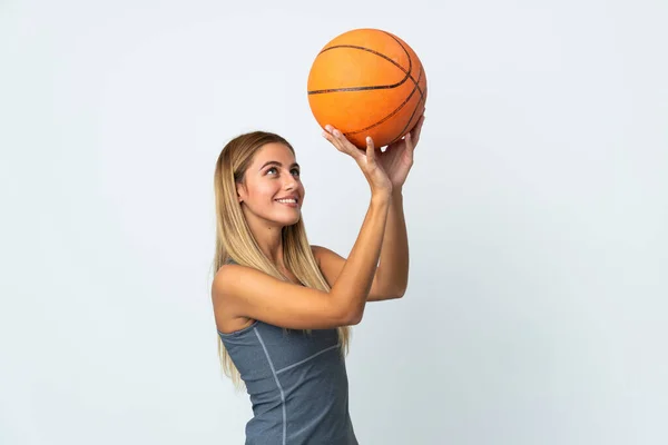 Jovem Estudante Mulher Isolada Fundo Branco Jogando Basquete — Fotografia de Stock