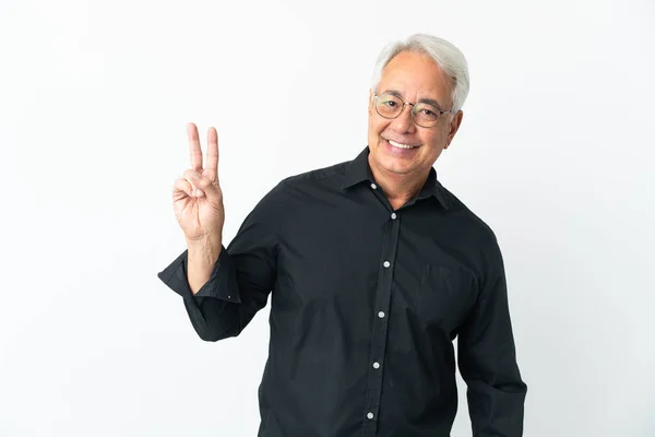 Homem Brasileiro Meia Idade Isolado Fundo Branco Sorrindo Mostrando Sinal — Fotografia de Stock