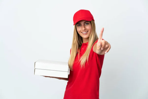 Pizzabote Mit Einer Pizza Auf Weißem Hintergrund Die Einen Finger — Stockfoto