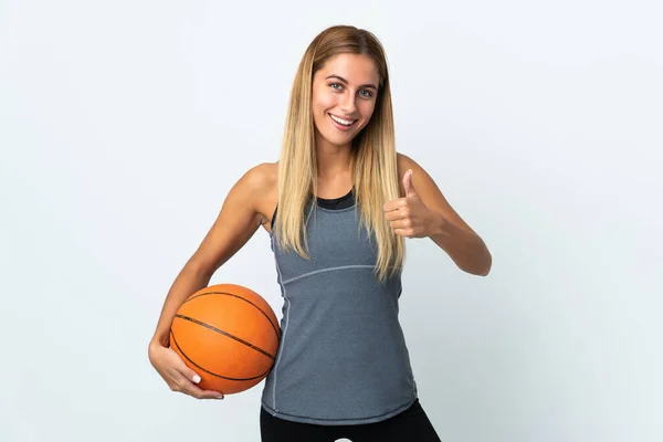 Genç Bir Bayan Öğrenci Beyaz Arka Planda Izole Edilmiş Basketbol — Stok fotoğraf