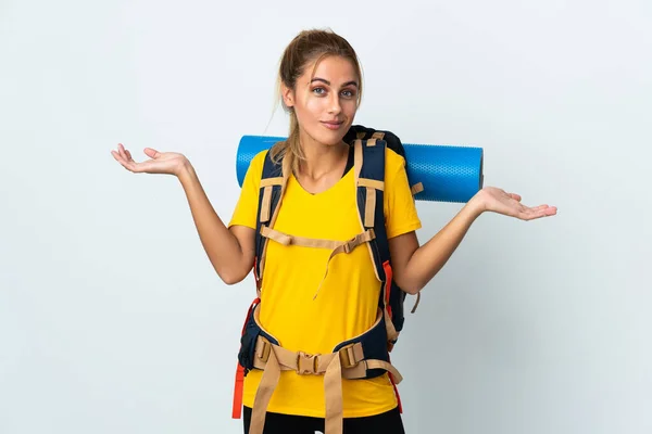 Junge Bergsteigerin Mit Großem Rucksack Isoliert Auf Weißem Hintergrund Und — Stockfoto