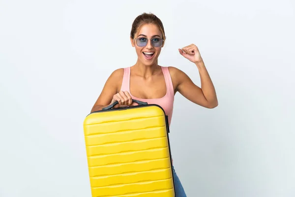 Junge Studentin Isoliert Auf Weißem Hintergrund Urlaub Mit Reisekoffer — Stockfoto