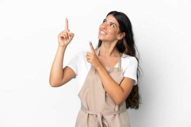 İzole edilmiş beyaz arka planda restoran garsonu işaret parmağı harika bir fikir.