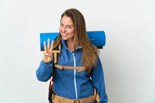 Μέση Ηλικία Ορειβάτης Γυναίκα Ένα Μεγάλο Σακίδιο Απομονωμένη Φόντο Ευτυχισμένη — Φωτογραφία Αρχείου