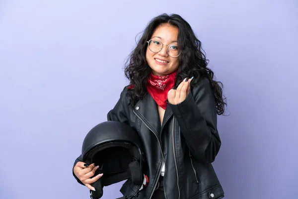 Young Asian Woman Motorcycle Helmet Isolated Purple Background Making Money — Stock Photo, Image