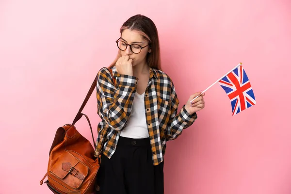 Junge Hispanische Frau Mit Britischer Flagge Auf Rosa Hintergrund Hat — Stockfoto