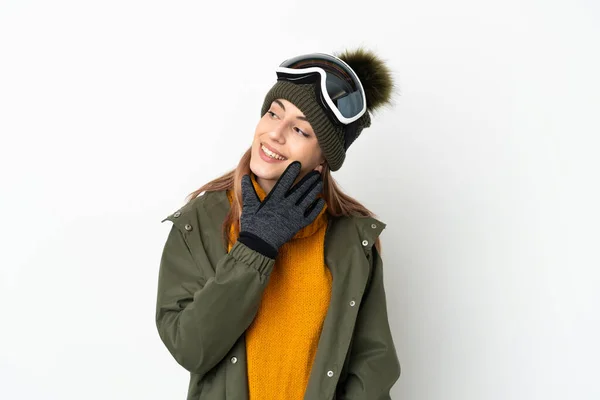 Esquiador Mujer Caucásica Con Gafas Snowboard Aisladas Sobre Fondo Blanco —  Fotos de Stock