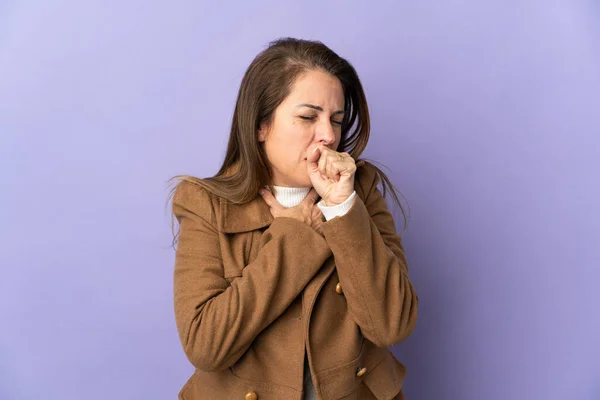 Middle Age Brazilian Woman Isolated Purple Background Coughing Lot — Stock Photo, Image