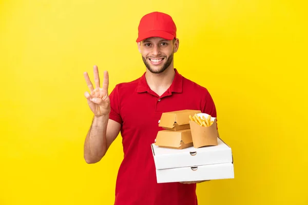 Pizza Delivery Man Pizza Boxes Burgers Isolated Background Happy Και — Φωτογραφία Αρχείου