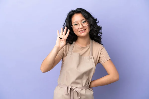 Restaurant Asian Waiter Isolated Purple Background Happy Counting Four Fingers - Stock-foto