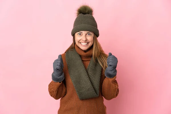 Middle Age Woman Winter Hat Isolated Pink Background Celebrating Victory — Stock Photo, Image