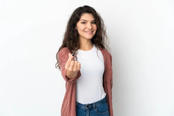 Adolescente Rusa Chica Aislado Blanco Fondo Haciendo Dinero Gesto — Foto de Stock