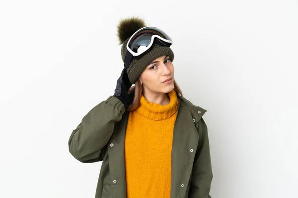 Sciatore Donna Caucasica Con Occhiali Snowboard Isolato Sfondo Bianco Avendo — Foto Stock