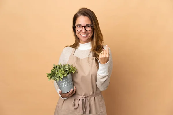 Middelbare Leeftijd Tuinman Vrouw Houden Van Een Plant Geïsoleerd Beige — Stockfoto