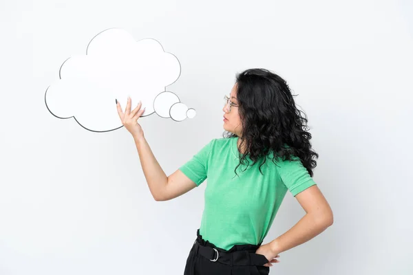 Joven Asiático Mujer Aislado Blanco Fondo Holding Pensamiento Discurso Burbuja — Foto de Stock