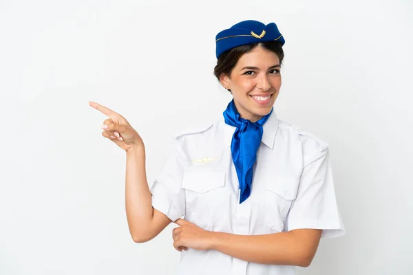Stewardessa Samolot Kaukaska Kobieta Odizolowany Białym Tle Wskazując Palcem Bok — Zdjęcie stockowe