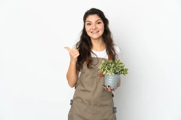 Joven Jardinero Ruso Sosteniendo Una Planta Aislada Apuntando Hacia Lado — Foto de Stock