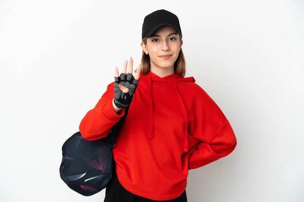 Jovem Mulher Esporte Com Saco Esporte Isolado Fundo Branco Feliz — Fotografia de Stock