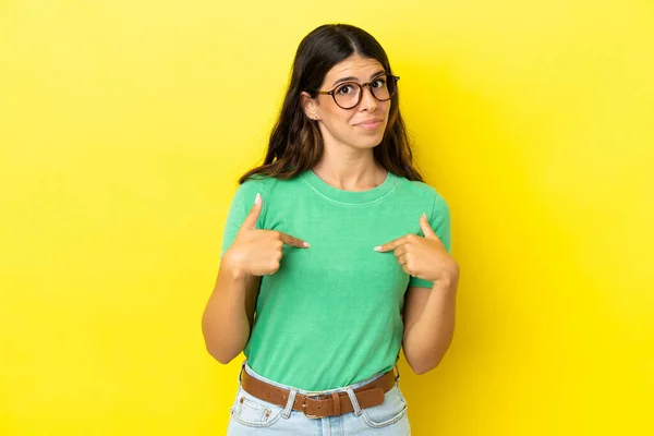 Young Caucasian Woman Isolated Yellow Background Surprise Facial Expression — Stock Photo, Image