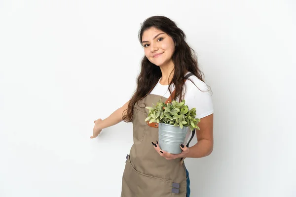 Joven Jardinero Ruso Sosteniendo Una Planta Aislada Extendiendo Las Manos — Foto de Stock