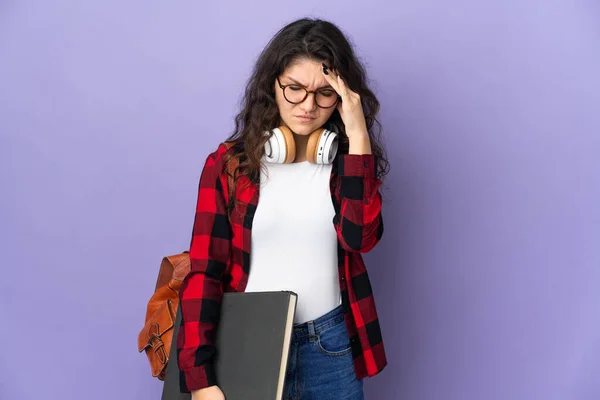 Studente Adolescente Isolato Sfondo Viola Con Mal Testa — Foto Stock