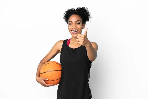 Jeune Joueur Basket Ball Femme Latine Isolée Sur Fond Blanc — Photo