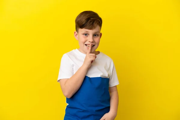 Little Redhead Boy Isolated Yellow Background Showing Sign Silence Gesture — Stock Photo, Image