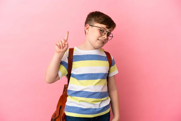 Little Redhead Caucasian Boy Isolated Pink Background Showing Lifting Finger — Stock Photo, Image