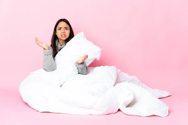 Young Mixed Race Woman Wearing Pijama Sitting Floor Stressed Overwhelmed — Stock Photo, Image