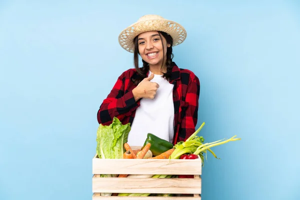 Joven Agricultora Mujer Sosteniendo Verduras Frescas Una Canasta Madera Dando — Foto de Stock