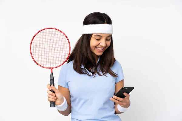 Jeune Joueuse Badminton Femme Sur Fond Blanc Isolé Tenant Café — Photo