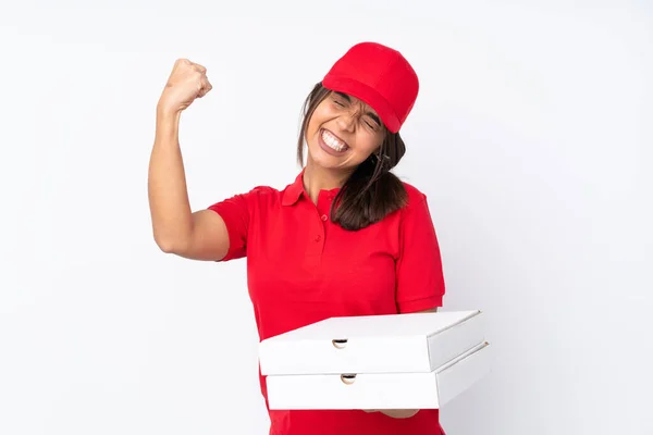 Jovem Pizza Entrega Menina Sobre Isolado Fundo Branco Celebrando Uma — Fotografia de Stock