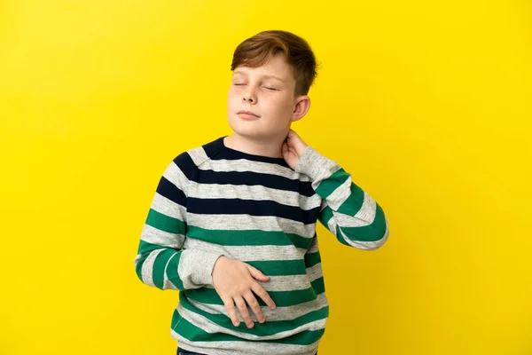 Little Redhead Boy Isolated Yellow Background Neckache — Stock Photo, Image