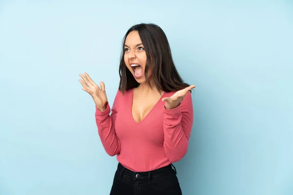 Young Mixed Race Woman Isolated Blue Background Surprise Facial Expression — Stock Photo, Image