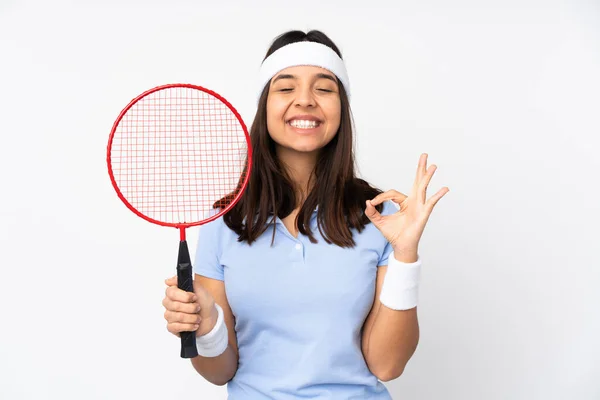 Joven Jugador Bádminton Mujer Sobre Fondo Blanco Aislado Pose Zen —  Fotos de Stock