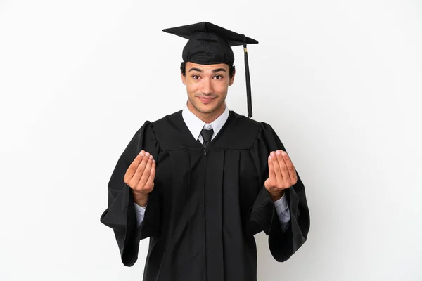 Jonge Afgestudeerde Universiteit Geïsoleerde Witte Achtergrond Geld Verdienen Gebaar — Stockfoto