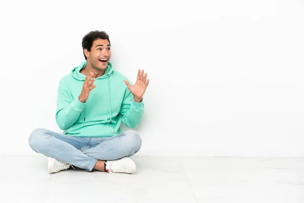 Caucasian Handsome Man Sitting Floor Surprise Facial Expression — Stok fotoğraf