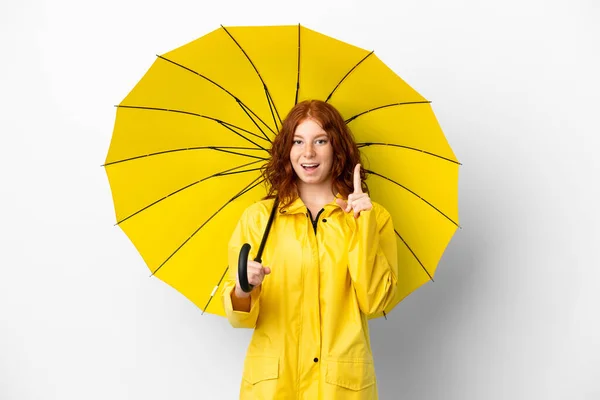 Adolescente Ruiva Menina Capa Impermeável Guarda Chuva Isolado Fundo Branco — Fotografia de Stock