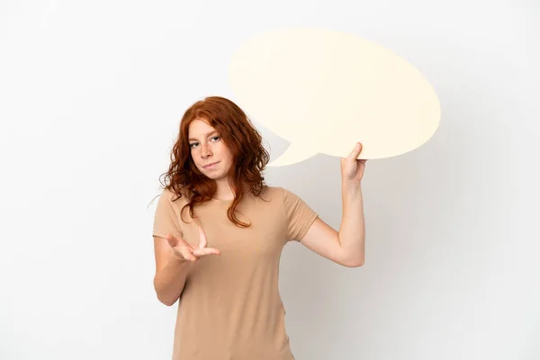 Teenager Redhead Girl Isolated White Background Holding Empty Speech Bubble — Stock Photo, Image