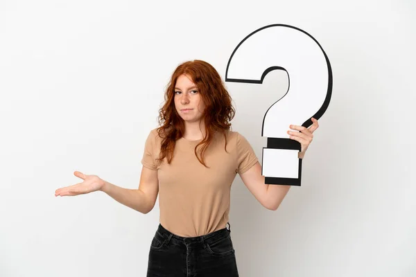 Teenager Redhead Girl Isolated White Background Holding Question Mark Icon — Stock Photo, Image