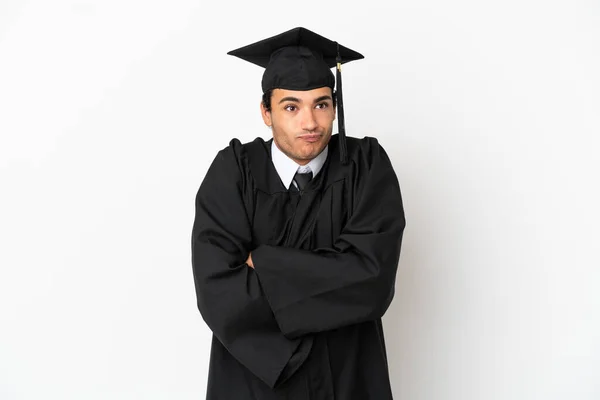 Young University Graduate Isolated White Background Making Doubts Gesture While — Foto Stock